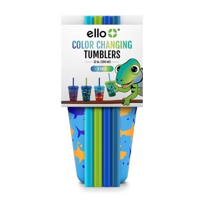 Ello 12oz 4pk Plastic Chameleon Color Changing Cups with Twist on Lids Blue - no straws - 988