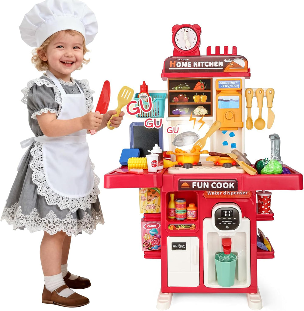 Upgrade Toy Kitchen Set for Kids Toddlers Mini Kitchen Playset with Spray Sink & Realistic Lighting Pretend Cooking Toys for 3 4 5 Year Old Girls Boys Gifts 1374