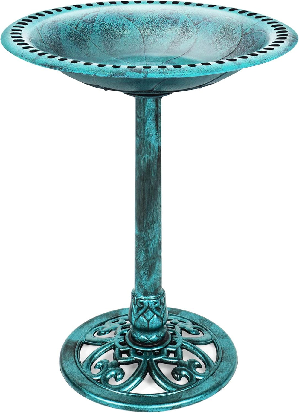 28in Pedestal Bird Bath w/ Fleur-de-Lis Accents — Green — H41