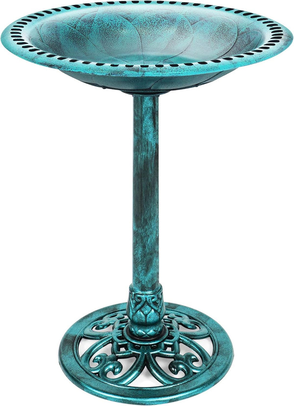 28in Pedestal Bird Bath w/ Fleur-de-Lis Accents — Green — H41