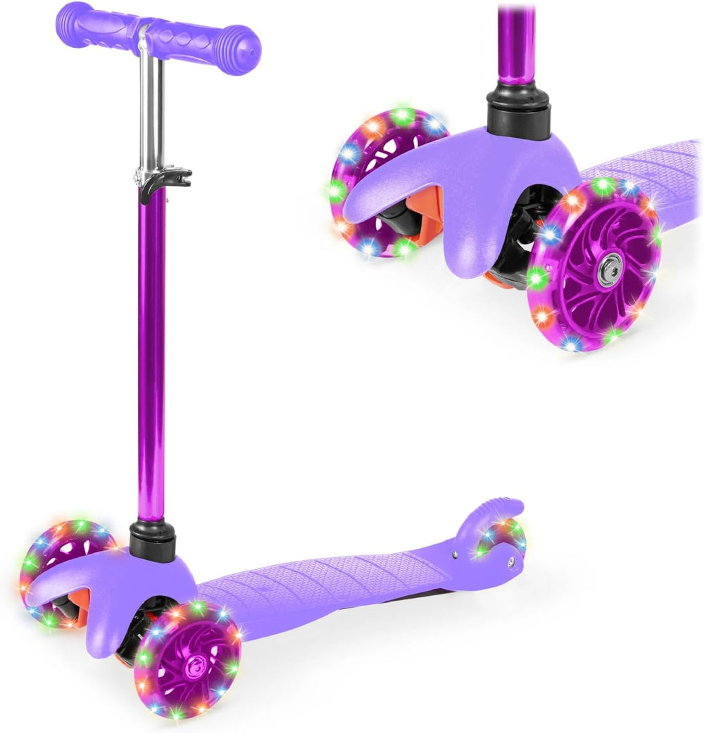 Kids Mini Kick Scooter Toy w/Light-Up Wheels, Height Adjustable T-Bar, Foot Break - Purple - 331