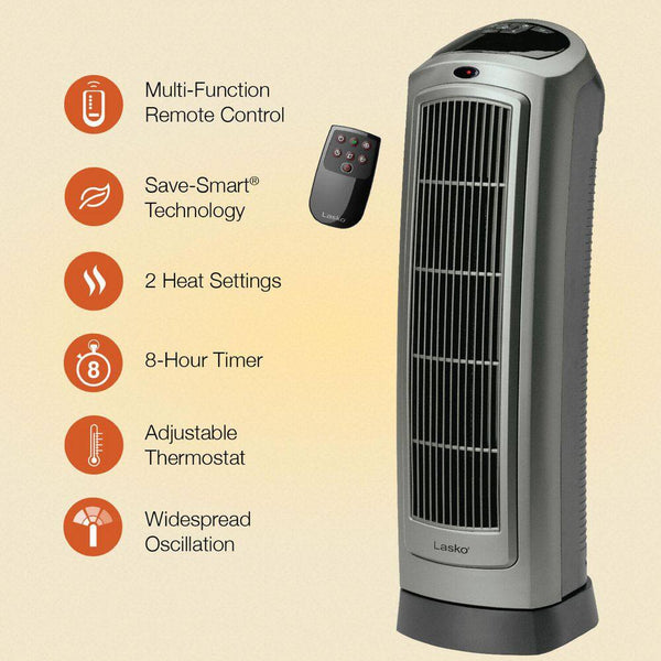 Lasko 1500W 23 in. Gray Electric Tower Ceramic Space Heater with Digital Display, Thermostat and Remote Control - L12 - 585