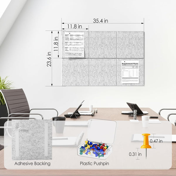 MaxGear Large Cork Board for Wall 36" x 24", Light Gray Bulletin Board, 6 Pack Felt Wall Tiles with Pushpins, Cork Boards for Office Pin Board Tack Board Cork Boards 1364