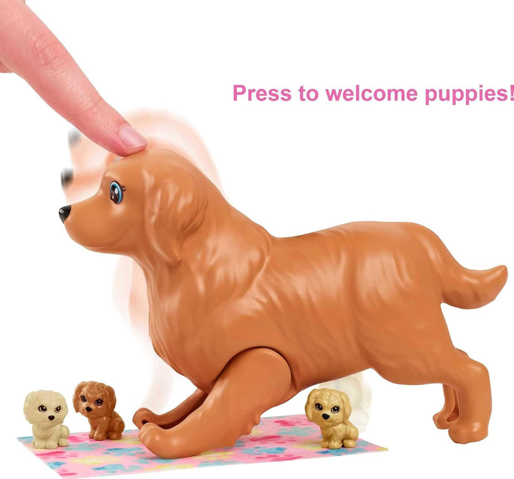 Barbie Doll & Pets Set, Blonde with Mommy Dog, 3 Newborn Puppies with Color-Change Feature & Pet Accessories 1353
