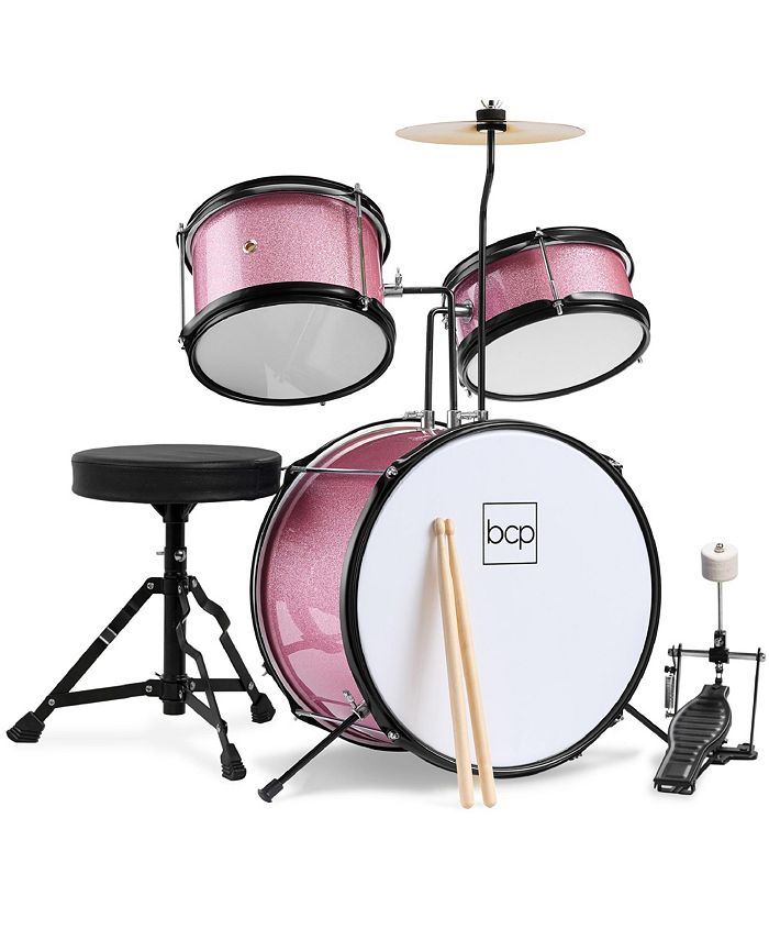Best Choice Products Kids Beginner 3-Piece Drum, Musical Instrument Set w/ Sticks, Cushioned Stool, Drum Pedal - Pink - No Size - H2 - 991