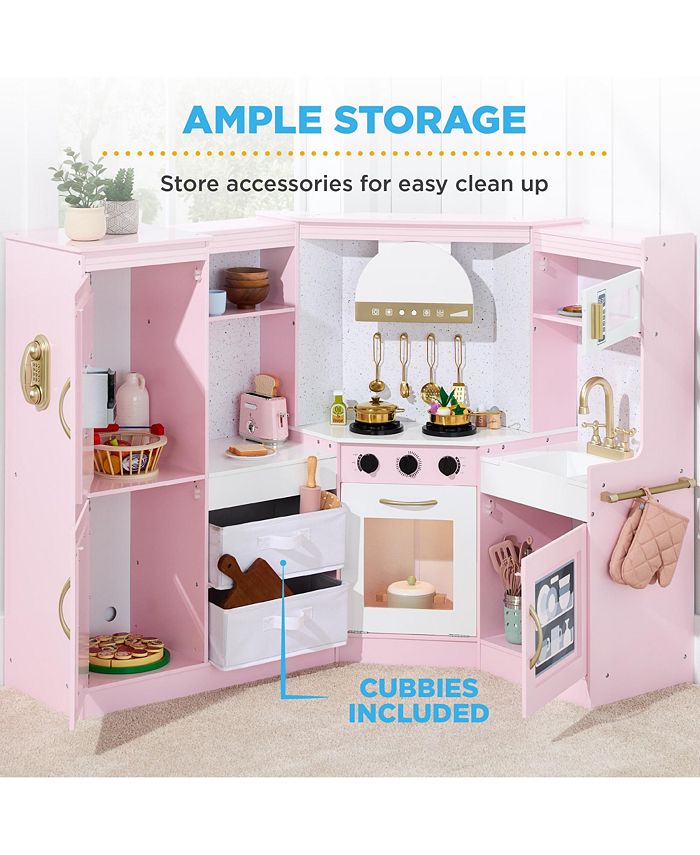 Best Choice Products Pretend Play Corner Kitchen, Interactive Wooden Kids Set w/ Lights & Sounds - Pink - NO SIZE - D7-0342