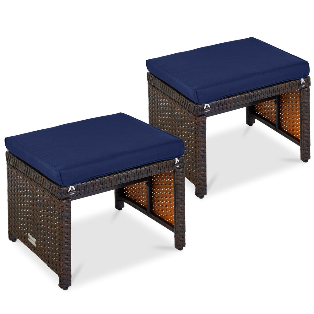 Set of 2 Multipurpose Patio Wicker Ottomans W/ Removable Cushions - Navy/Brown 710