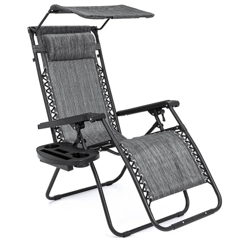 Zero Gravity Folding Reclining Gray Fabric Outdoor Lawn Chair w/Canopy Shade, Headrest Tray - C13 - 1504