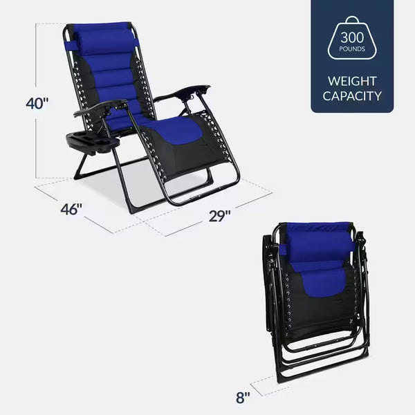 Oversized Padded Zero Gravity Blue Metal Reclining Outdoor Lawn Chair w/Side Tray - H3 - 1613
