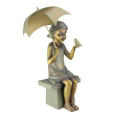 Roman 17.5" Girl Sitting with Umbrella and Bird Outdoor Patio Garden Statue - Gold/Bronze - E11 - 240