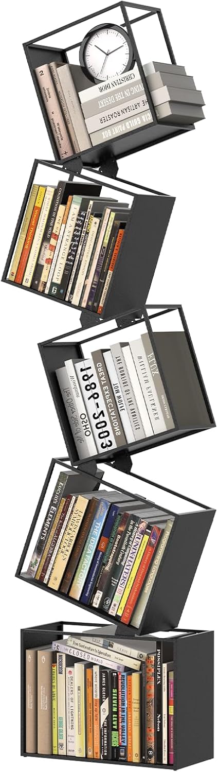 5‑Tier Metal Geometric Narrow Bookshelf — Black — G27