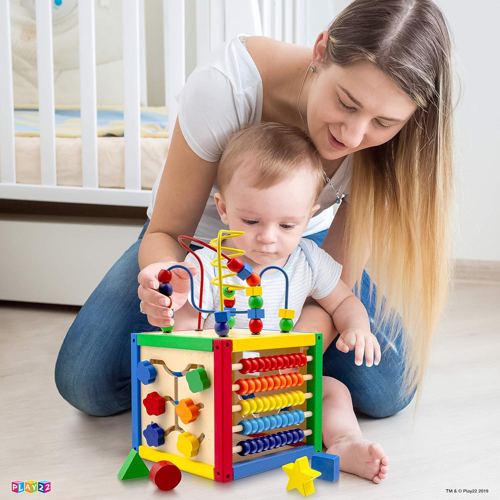 Play22 Wooden Activity Cube for Baby - 6 in-1 Baby Activity Play Cube with Bead Maze, Shape Sorter, Abacus Counting Beads, Counting Numbers, Sliding Shapes, Removable Bead Maze, 8Pcs Stacking Cups - B4 - 1366