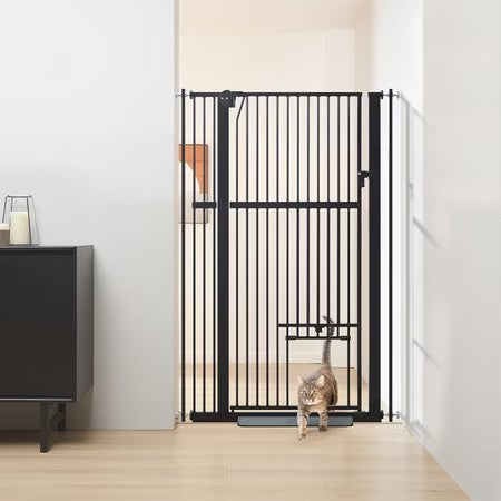 unipaws 56" Tall Baby Gate with Cat Door, 31-37" Wide Pressure Mounted Dog Gate for Stair Doorway, Walk Through Pet Gate, Black - H10 - 220
