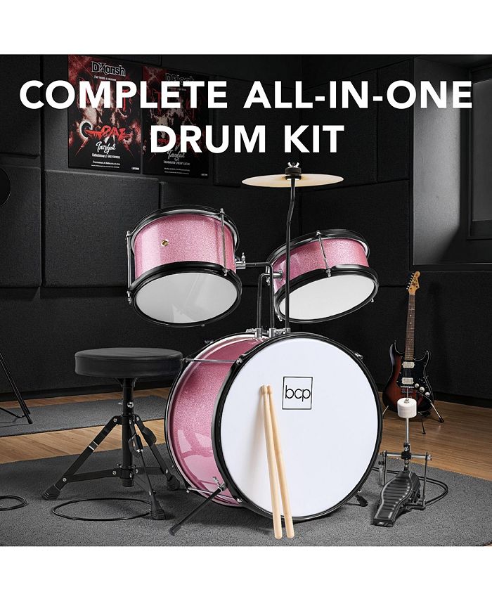Best Choice Products Kids Beginner 3-Piece Drum, Musical Instrument Set w/ Sticks, Cushioned Stool, Drum Pedal - Pink - No Size - H2 - 991