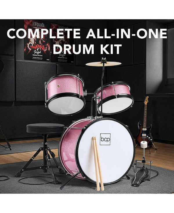 Best Choice Products Kids Beginner 3-Piece Drum, Musical Instrument Set w/ Sticks, Cushioned Stool, Drum Pedal - Pink - No Size - G10 - 1051