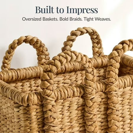 Best Choice Products 3Pc Shelf Baskets, Small, Large and XL Chunky Woven Wicker Baskets w/ Braided Handles - Natural - H1 - 1953