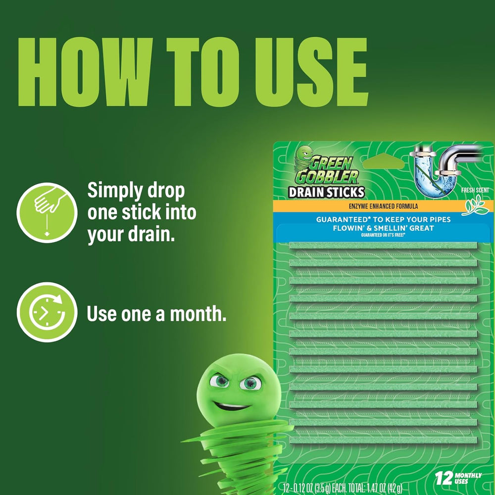Green Gobbler Drain Cleaner and Deodorizer Sticks with Enzymes - Maintain a Clean Drain, Safe for Pipes and Septic Tanks, Use Monthly - 12 Pack 1352