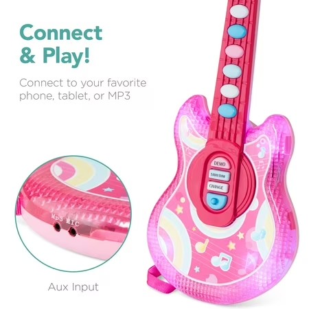 Best Choice Products 19in Kids Flash Guitar, Pretend Play Musical Instrument Toy for Toddlers w/ Mic, Stand - Pink -E4-1969