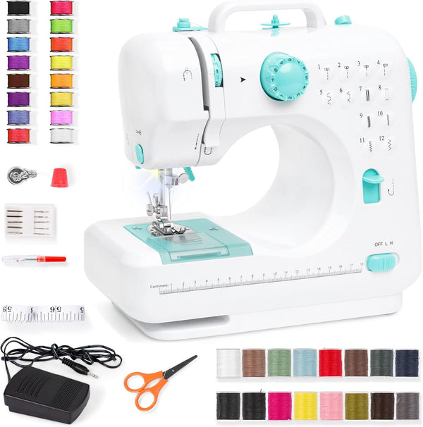 Compact Sewing Machine, 42-Piece Beginners Kit, Multifunctional Portable 6V Beginner Sewing Machine w/ 12 Stitch Patterns, Light, Foot Pedal, Storage Drawer - Teal/White - J259