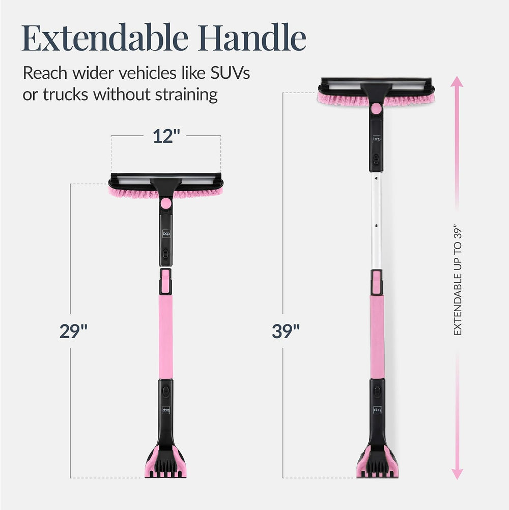 Best Choice Products 4 in 1 Snow Brush with Shovel, Squeegee & Ice Scraper, Up to 39" Extendable Foam Grip, 270  Pivoting Snow Brush for Car Truck SUV, Storage Bag Included - Pink - K5 - 438