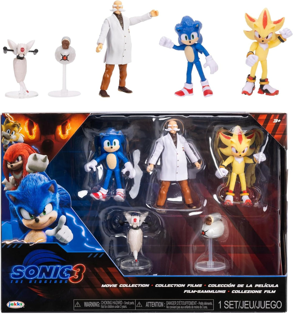 Sonic 3 Movie Action Figures 2.5-Inch Movie Collector Toy Figure Multi-Pack, Wave #3 Includes Sonic, Gerald Robotnik, Super S, Buzzbomber & Burrito Drone- Officially Licensed Toys 1344