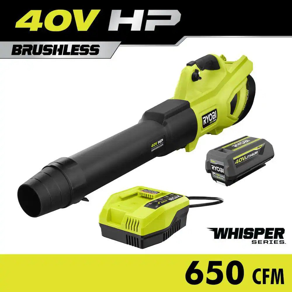 RYOBI 40V HP Brushless Whisper Series 160 MPH 650 CFM Cordless Battery Leaf Blower with 4.0 Ah Battery and Charger 454