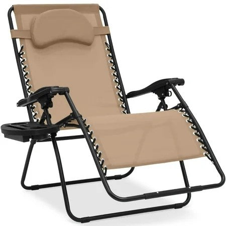 Oversized Zero Gravity Chair, Folding Outdoor Patio Recliner w/ Cup Holder - Tan - K33