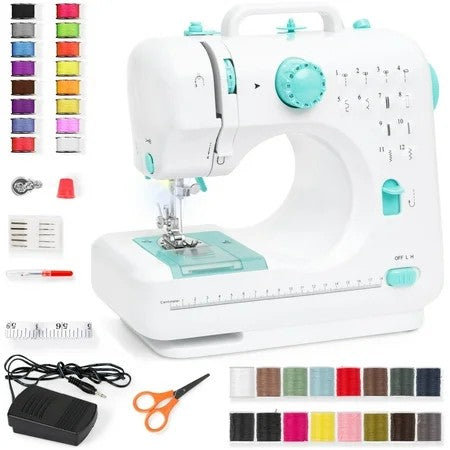 6V Portable Sewing Machine, 42-Piece Beginners Kit w/ 12 Stitch Patterns - Teal/White 1245