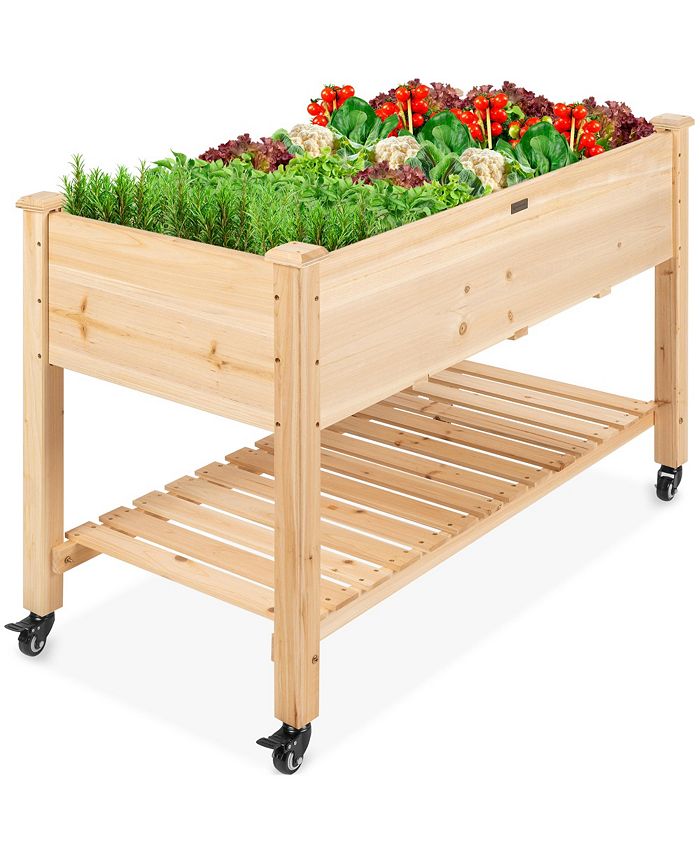 Best Choice Products Raised Garden Bed 48x23x32in Wood Mobile Elevated Planter w/ Wheel Locks, Shelf, Liner - Tan/Beige - No Size - L3 - 371
