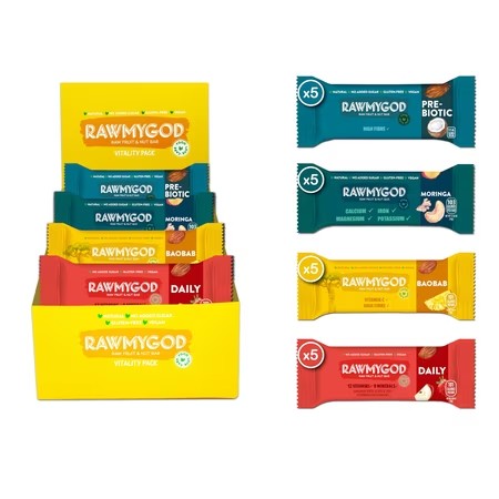 RAWMYGOD Raw Fruit & Nut Bar, Vitality Pack - 5 Prebiotic, 5 Moringa, 5 Baobab, 5 Daily, Gluten Free, Vegan, No Added Sugar, 20 pack