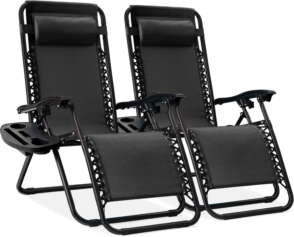 Set of 2 Adjustable Steel Mesh Zero Gravity Lounge Chairs — Black — H12