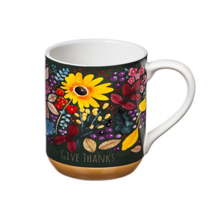 Evergreen Recipe Tin w/ Recipe Cards and Ceramic Cup Give Thanks Flowers 4.68 x 3.2 x 3.76 inches - G9 - 1721