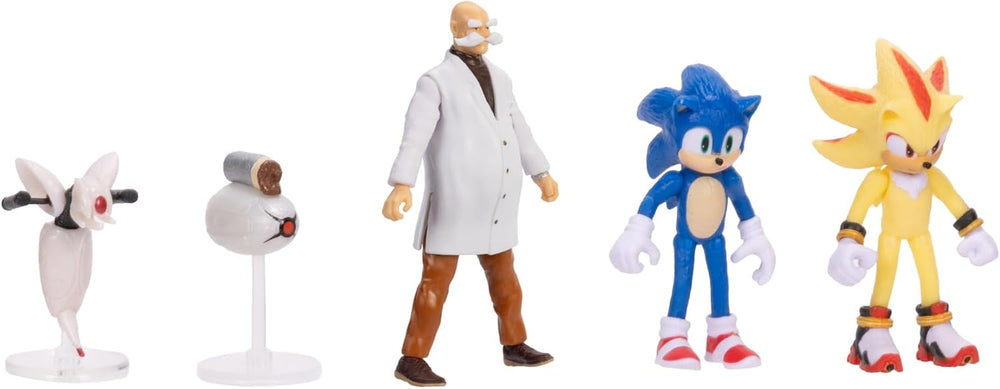 Sonic 3 Movie Action Figures 2.5-Inch Movie Collector Toy Figure Multi-Pack, Wave #3 Includes Sonic, Gerald Robotnik, Super S, Buzzbomber & Burrito Drone- Officially Licensed Toys 1344