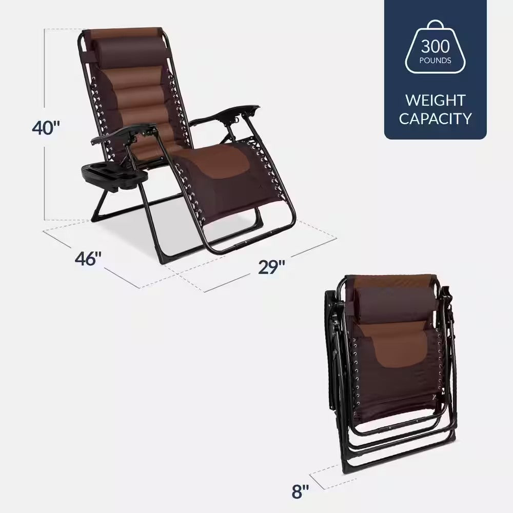 Oversized Padded Zero Gravity Brown/Caramel Metal Reclining Outdoor Lawn Chair with Side Tray -M4-1549