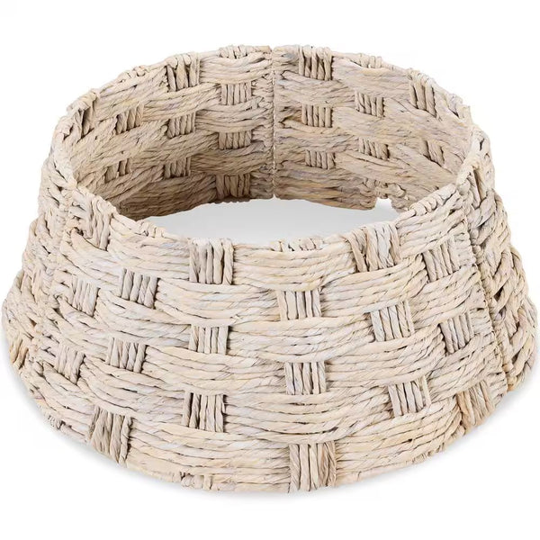 24 in. Basket Woven Hyacinth Christmas Cellulose Tree Collar, Skirt Accessory with Cord Cut-Out in White Washed -E3-1946