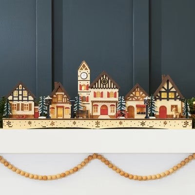 Pre-Lit Wooden Christmas Village, Plug-In/Battery-Powered Winter Mantel Decor w/ 20 LED Lights 791