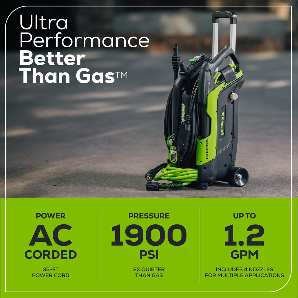 Greenworks 1900-PSI 1.2-GPM Cold Water Electric Pressure washer with 4 Spray Tips 1825