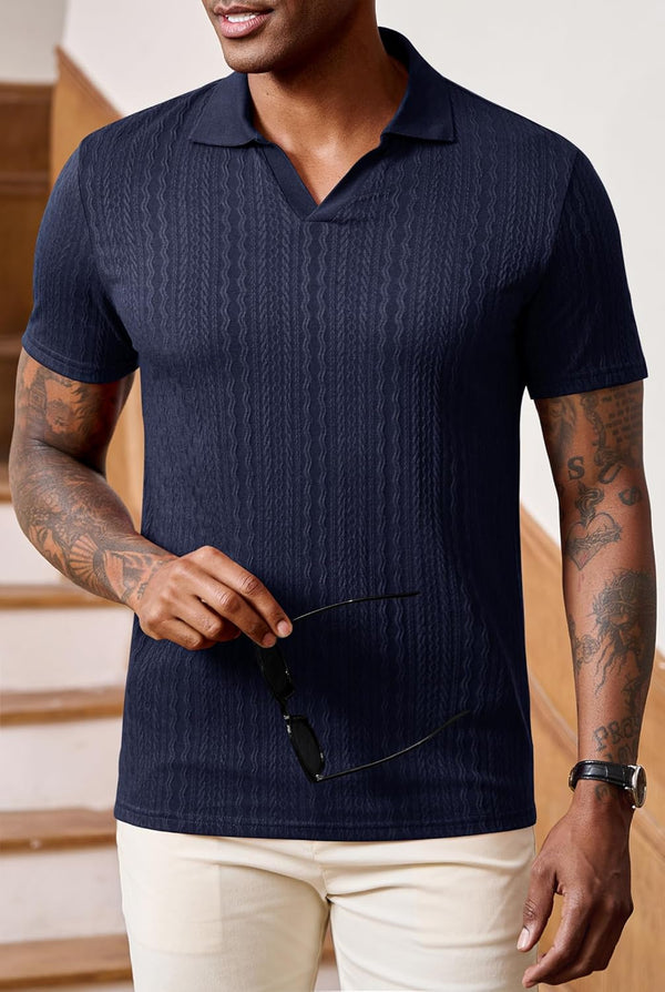 Men Johnny Collar Textured Polo Shirt Cable Knit Stretch Casual Shirts XL - 1902