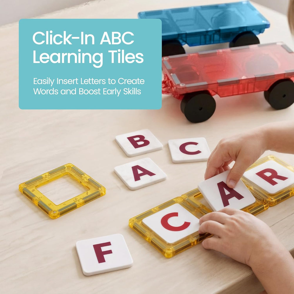 Playmags Magnetic Tiles for Kids 100-Piece Set, STEM Educational Building Blocks Toys for Kids, Includes Click-in ABC Learning Tiles, Gift for Boys & Girls, Add on Magnetic Figures, Car Set Available - K4 - 406