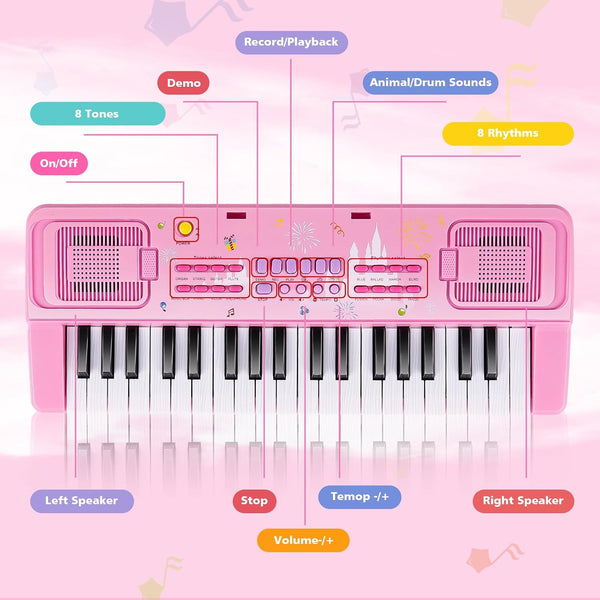 Kids Keyboard Piano, 37 Keys Keyboard Electric Digital Piano, Early Learning Educational Musical Toys Piano for Kids Toddlers Beginners with Music Stand, Microphone - Christmas Birthday Gifts, Pink 1297