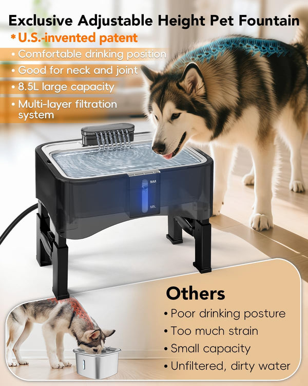 UPSKY 2.25Gal Elevated Dog Water Fountain, 4 Heights Adjustable Pet Fountain for All Dog Sizes, 304 Stainless Steel Tray Indoor Cat Drinking Dispenser with Ultra-Quiet Pump & 2 Replacement Filters - G6 - 1806