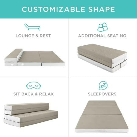Best Choice Products 4in Thick Folding Portable Queen Tri-Fold Mattress w/ Carry Case, Washable Cover - Taupe - L1 - 1947