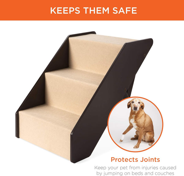 Best Choice Products 3-Step Foldable Adjustable, Non-Slip Wide Wooden Pet Stairs for Living Room, Bedroom, Dog & Cat Sizes Small, Medium, Large w/Carpet, No Assembly, Ideal for Injured, Elderly Pets - L1 - 1944