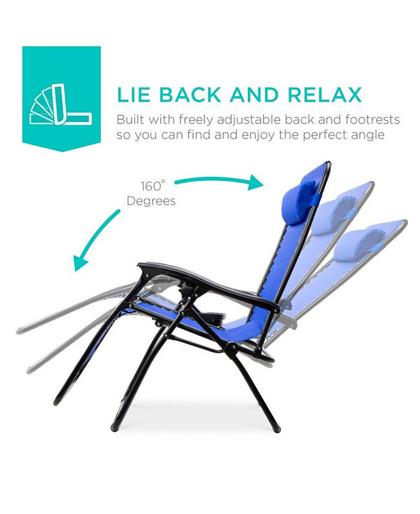 Best Choice Products Set of 2 Zero Gravity Lounge Chair Recliners for Patio, Pool w/ Cup Holder Tray - Blue - M9 - 1971