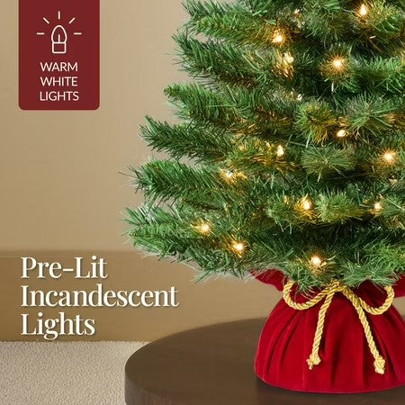 Best Choice Products Pre-Lit 24inch Tabletop Christmas Tree, Small Holiday Artificial Desktop Decor w/Warm White Lights, Red Velvet Cover -J5-0428
