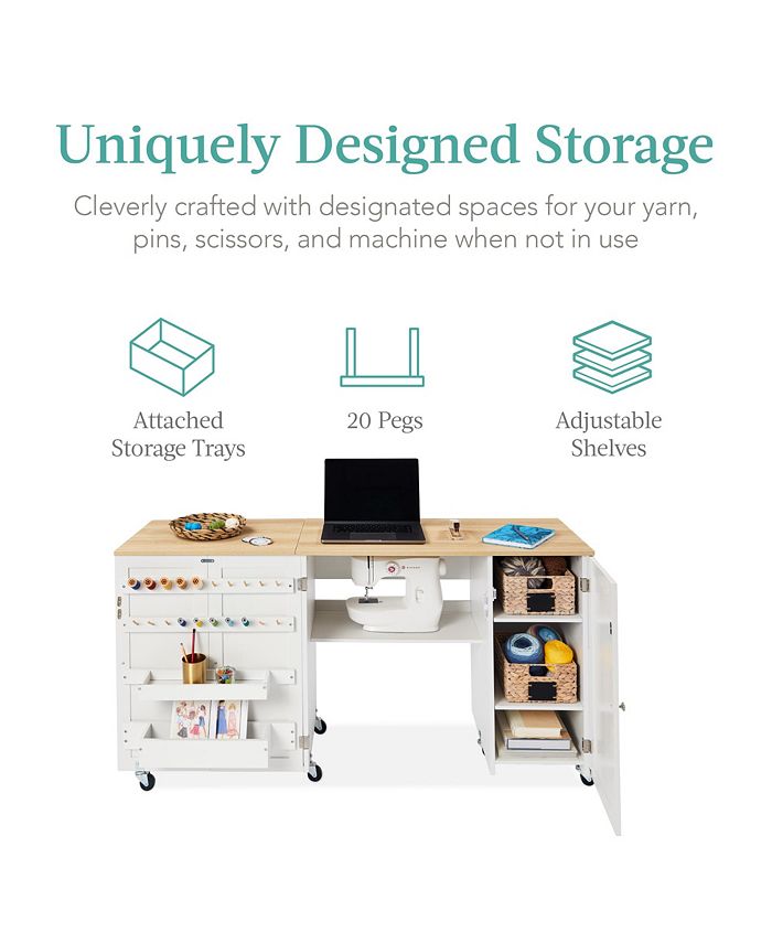 Best Choice Products Large Portable Multipurpose Folding Sewing Table w/ Magnetic Doors, Craft Storage - White -H2-0112