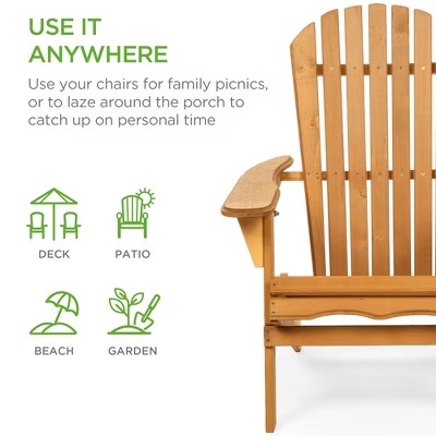 Best Choice Products Folding Adirondack Chair Outdoor Wooden Accent Lounge Furniture for Yard, Patio w/ Natural Finish - G9 - 1028