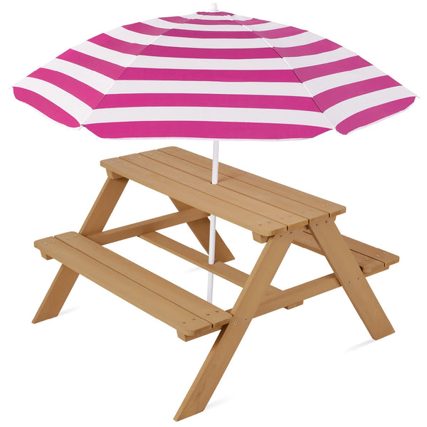 Kids Wooden Picnic Table Outdoor Activity Table W/ Adjustable Umbrella Seats - Natural/Dark Pink M2
