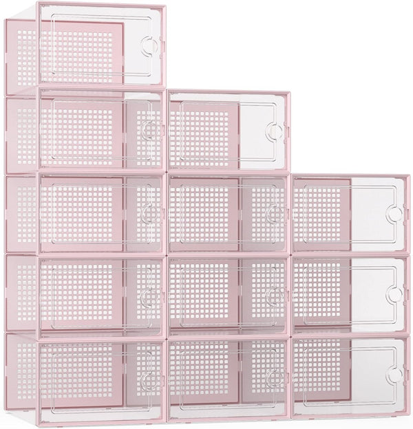 Kuject X-Large Shoe Storage Boxes Organizers Clear Plastic Stackable 12 Pack, Shoe Rack & Holder Substitute, Sneaker Containers, Toy Storage Organizer Bins for Entryway, Closet, Under Bed, Pink 1464