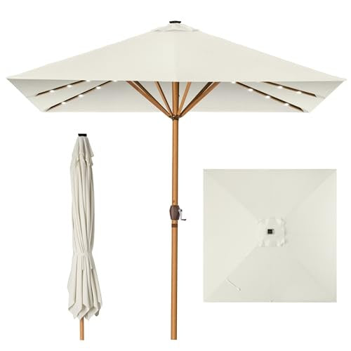 9ft Deep Square Solar LED Lighted Patio Umbrella W/ Woodgrain Pattern UV-Resistant - Ivory 743